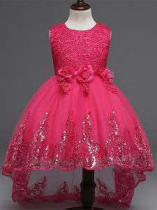vestido de niña de alta confección poco cremallera baja vestido rosa para fiesta de bodas con encaje y apliques y bowknot y flores hechas a mano