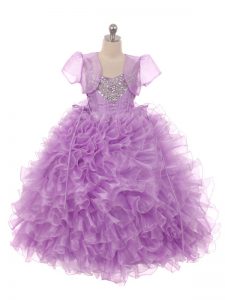 Fantástica berenjena púrpura con cordones correas rebordear y volantes vestidos de niña vestidos de organza sin mangas