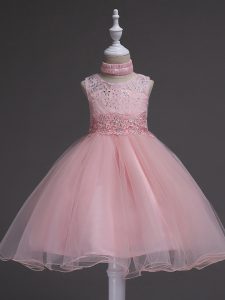 baby pink ball gown rebordear y encaje niño desfile vestido cremallera organza sin mangas hasta la rodilla