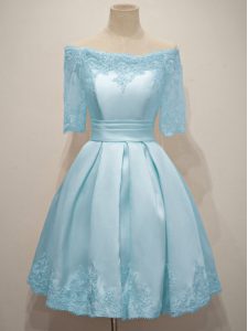 Espectacular tafetán azul claro con cordones en el hombro mangas hasta la mitad del vestido de dama de honor