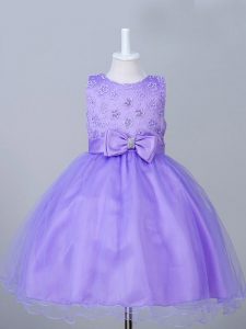 berenjena cremallera de tul púrpura cucharada sin mangas longitud de la rodilla niñas vestido apliques y bowknot