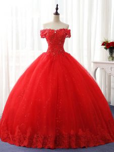 Espectaculares vestidos de bola roja desde el hombro sin mangas de tul hasta el suelo con cordones y volantes 15 vestidos de quinceañera