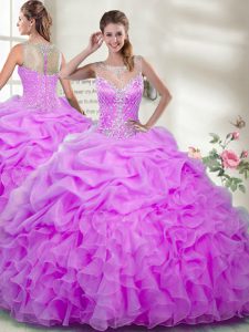 Fantástico lila organza cremallera vestido de fiesta vestido de baile sin mangas piso longitud rebordear y volantes