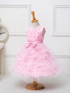 cremallera sin mangas de longitud de té de organza niños ropa formal en rosa bebé con capas rizadas y bowknot