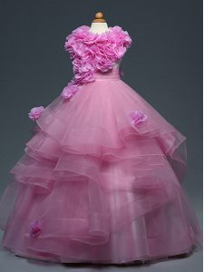 vestidos de bola lila de cuello alto sin mangas de tul longitud del piso con volantes y flores hechas a mano vestido de niña pequeña