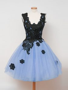 vestidos de fiesta vestidos de dama de honor correas azul claro tul sin mangas hasta la rodilla cremallera