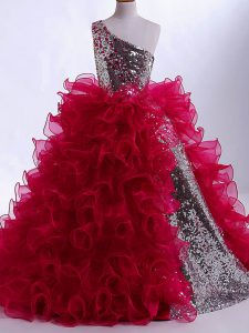 vestidos de baile de niñas vestido de desfile de vino rojo una organza de hombro y cremallera con lentejuelas sin mangas de longitud de piso