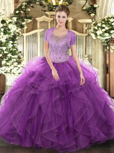 A la venta berenjena vestidos de bola púrpura sin mangas de tul de la manga piso corchete manejar cuentas y rizado capas vestido de fiesta vestido de baile