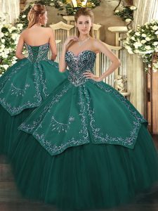 Elegante tafetán verde oscuro y tul con cordones vestido de fiesta vestido de fiesta sin mangas, longitud del piso, cuentas y bordados