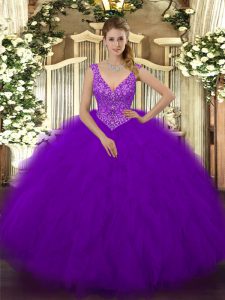 Noble vestido de baile de tul con cremallera de tul púrpura vestido de noche sin mangas piso de longitud cuentas y volantes