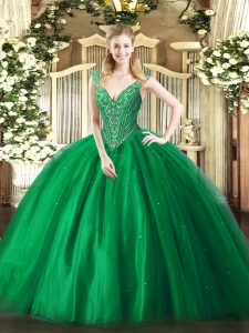 Cuello clásico con cuello en v verde rebordear dulce vestido sin mangas de 16 vestidos hasta
