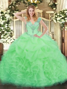 vestido de quinceañera sin mangas con cuello en v piso volantes de manzana verde organza