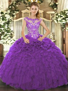 mangas casquillo púrpura rebordear y volantes y longitud del piso de flores hechas a mano 15 vestido de quinceañera