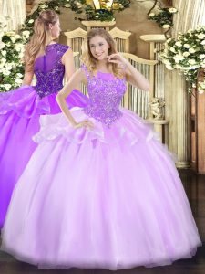 Elegantes vestidos de quinceañera con cremallera con cuentas y lila sin mangas