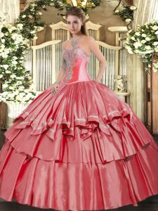 Diseño personalizado de organza y tafetán de color rojo coral con cordones hasta los vestidos de quinceañera sin mangas y ribeteados