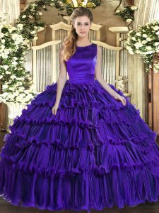 Flare rizado capas dulce 16 vestido de quinceañera púrpura encaje hasta la longitud del piso sin mangas