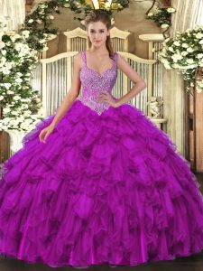 Increíbles vestidos de bola de membrillo de color púrpura hasta el suelo organza sin mangas y volantes