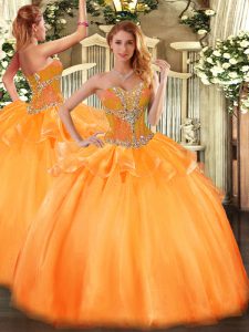 vestidos de bola naranja sweetheart longitud del piso de tul sin mangas con cordones rebordear sweet 16 quinceanera dress