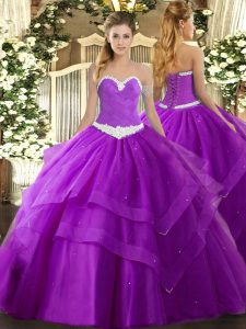 Suntuoso apliques de encaje púrpura y capas de volantes vestidos de quinceañera sin mangas