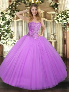 En venta vestidos de bola lila tul sweetheart rebordear sin mangas longitud del piso con cordones dulce vestido 16