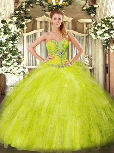 Fantásticos vestidos de bola hasta el suelo sin mangas amarillo verde dulce 16 vestido de quinceañera con cordones