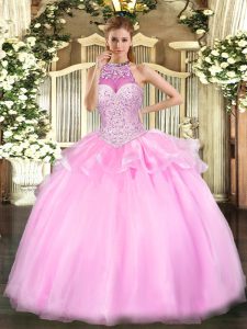 Los vestidos de bola rosa de lujo que rebordean el vestido del dulce 16 atan a la longitud sin mangas del piso de Tulle