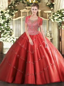 Elegantes vestidos de bola de coral rojo sin mangas de tul de la manga del piso de la manija del corchete rebordear vestidos de quinceañera