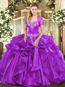 vestidos de bola púrpura rebordear y volantes vestido de cumpleaños número 15 con cordones organza sin mangas longitud del piso