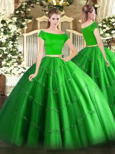 Elegante palabra de longitud verde dulce 16 vestido de quinceañera tul manga corta apliques
