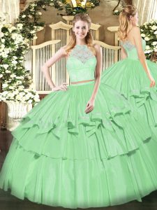 Superior dos piezas vestidos de quinceañera Apple verde primicia sin mangas organza cremallera