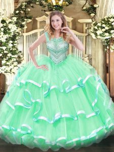 Liquidación verde manzana vestidos de quinceañera dulce 16 y quinceañera con abalorios y volantes sin mangas con cordones