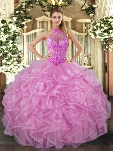 Fabulosos vestidos de bola lila organza halter top sin mangas rebordear y bordados y volantes longitud del piso con cordones dulce vestido 16