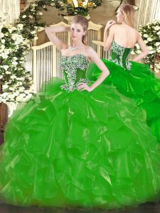 vestidos de bola verde de organza sin tirantes sin mangas y volantes longitud del piso con cordones hasta el 15 cumpleaños vestido