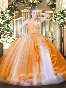 vestido de quinceañera con cremallera de tul naranja sin mangas rebordear y encaje y volantes