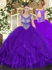 Impresionante berenjena de quinceañera púrpura vestidos de dulce 16 y quinceañera con abalorios y volantes con manga sin mangas con cordones