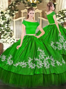 cremallera verde 15mo vestido de cumpleaños bordado mangas cortas longitud del piso