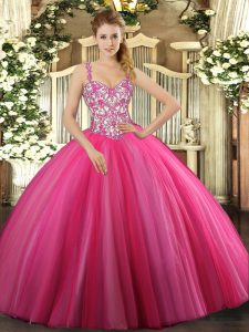 A la venta rebordear dulce 16 vestidos de encaje rosa caliente hasta la longitud del piso sin mangas