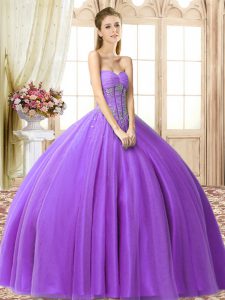 Berenjena popular tul púrpura con cordones hasta el suelo sin mangas dulce longitud 16 vestido de quinceañera abalorios