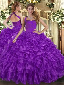 organza violeta con cordones hasta el 15 ° vestido de cumpleaños sin mangas volantes de la longitud del piso