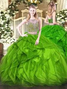 dos piezas de color verde abalorios y volantes dulces 16 vestidos de encaje hasta una distancia sin mangas de organza
