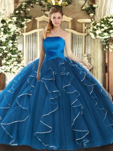Los vestidos de baile azul diseñados a medida volantes dulces 16 vestidos de quinceañera con cordones de tul sin mangas