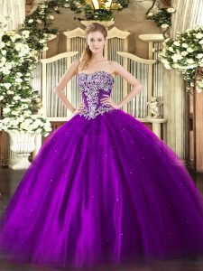 Vestido sin mangas de quince colores sin mangas quince años vestido de quinceañera hasta el suelo rebordear tul de color púrpura