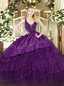 Cremallera de organza y tafetán violeta romántica dulce de quinceañera Vestido sin mangas y bordado de capas de suelo
