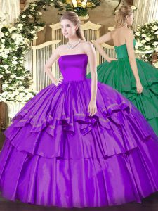 Agraciado berenjena vestidos de bola púrpura sin mangas de organza y tafetán piso longitud cremallera con volantes capas dulce vestido 16