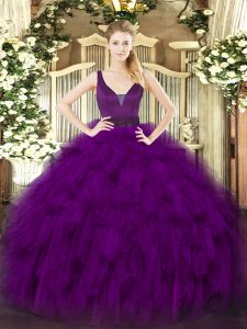 vestidos de bola púrpura rebordear y volantes 15to vestido de cumpleaños cremallera organza sin mangas longitud del piso