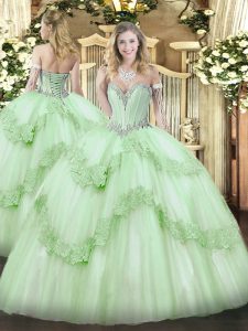Bajo precio manzana verde con cordones de novia rebordear y apliques vestido de quinceañera tul sin mangas