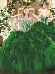 vestidos de bola verde oscuro organza strapless sin mangas y volantes piso longitud lace up dulce vestido de quinceañera