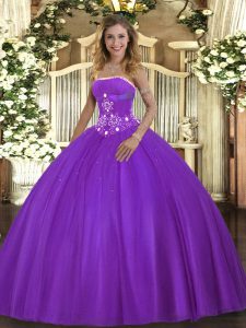 Increíble rebordear dulce 16 vestidos de encaje púrpura hasta la longitud del piso sin mangas