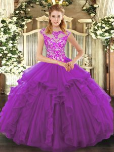 Descuento purple ball gown rebordear y volantes sweet 16 vestido con cordones de organza cap mangas piso longitud