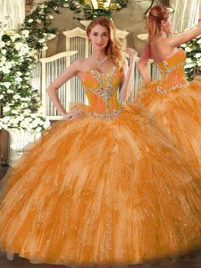 Elegante organza sin mangas naranja con cordones vestidos de quinceañera para sweet 16 y quinceañera